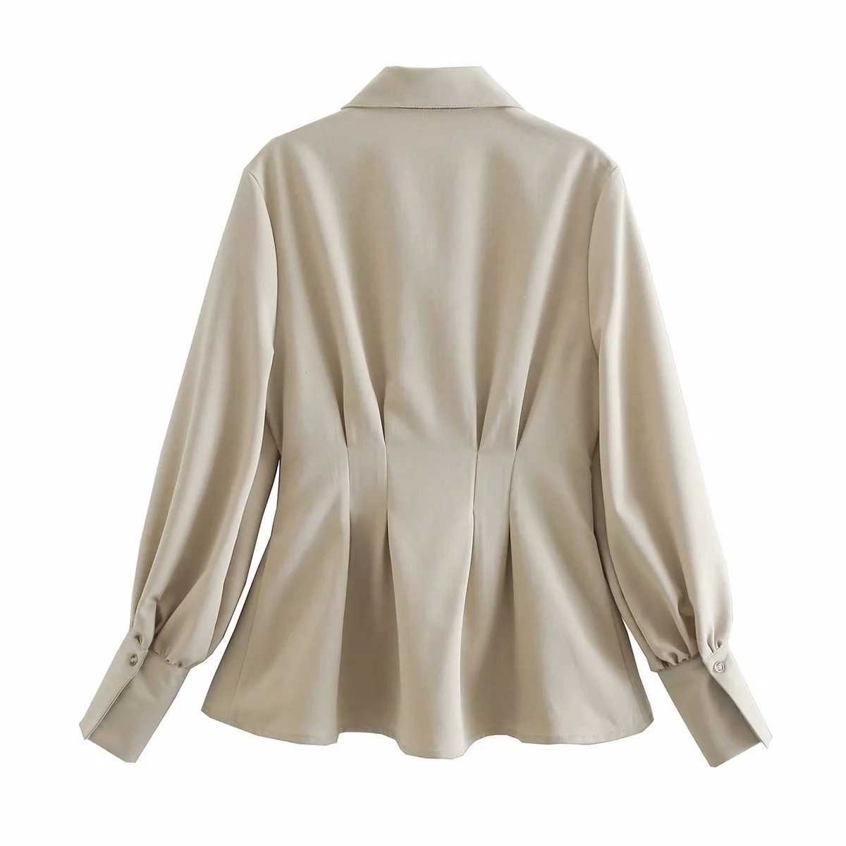 Za Women Fashion With Belt Back Pleated Blouses Vintage Lantern Sleeve Button-up Female Shirts Chic Tops XITIMEAO 210602