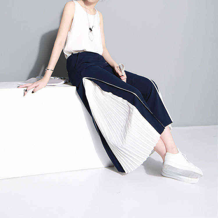Spring High Waist Blue Side Pleated Split Joint Hit Color Loose Wide Leg Long Pants Women Trousers Fashion JO562 211115