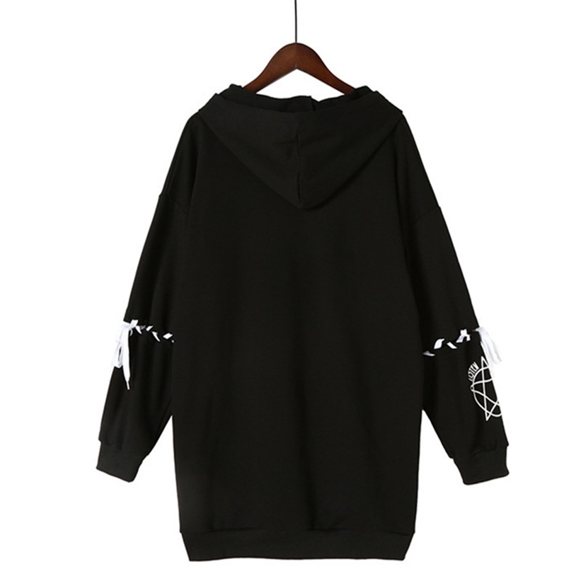 Harajuku Hoodies Autumn Women Print Lace Up Gothic Punk Oversize Tops Long Sleeve Hooded Sweatshirt Pullover Streetwear 201212