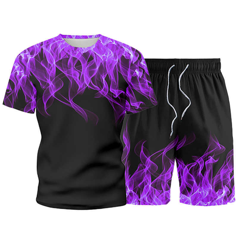 Men's Sets Summer Flame Print Men Tracksuit Casual Short Sleeve T-shirt+Shorts Two Piece Fashion Sportswear Male Sports Suit 210603
