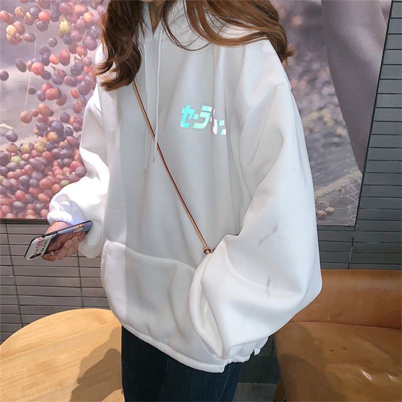 Harajuku Sailor Moon Cartoon Print Hoodie Women Loose Casual Reflective Material Long Sleeve Pullover Tops Streetwear Sweatshirt 200924