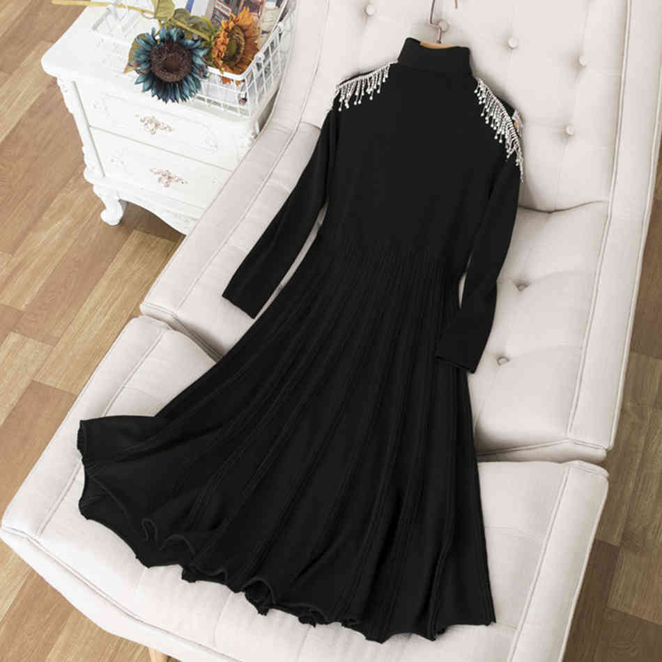 High Quality Women'S Dress Black Stretch Crystal Diamond Collar Long Sleeve Sexy A-Line Pleated Vestidos 210525