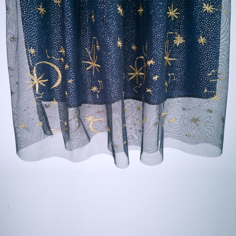 Flectit Gold Moon Star Embroidered Tulle Skirt Vintage Semi Sheer Fabric High Waist Pleated Midi Skirt For Women Ladies 210309