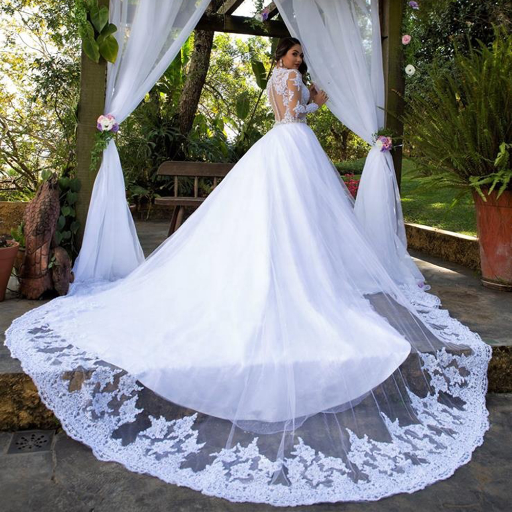 Vintage Chapel Train A Line Wedding Dresses Bridal Gowns Bright White Long Sleeves Lace Appliqued Luxury Beads Formal Bride Dress Tulle Robe De Marria