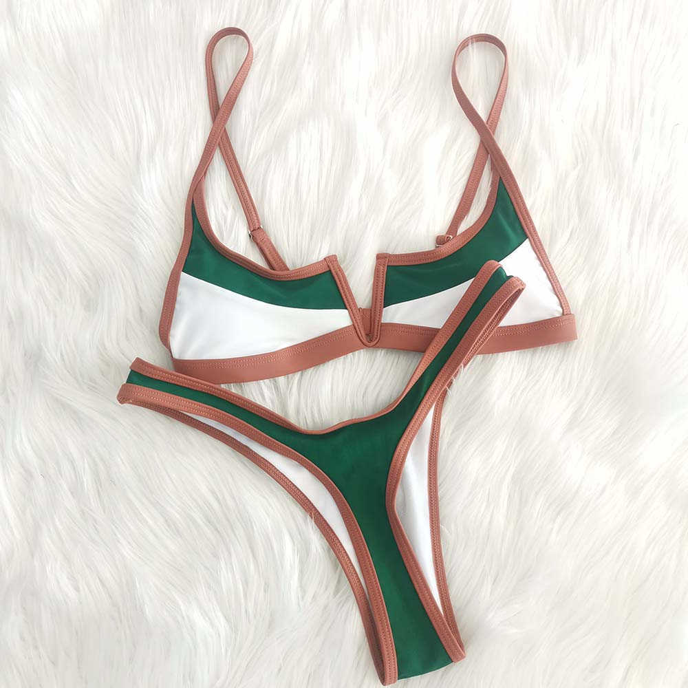 Vintage Retro Bikini Patchwork Swimsuit Thong Brazilian Sexy Swimwear Female Summer Micro V-bar Green Bathing Suits 210625