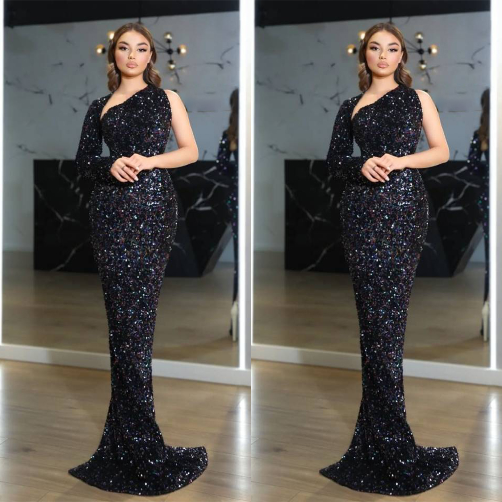 2022 Arabic Sexy Prom Dresses Black Sequins One Shoulder Long Sleeves Crystal Beading Mermaid Party Evening Gowns