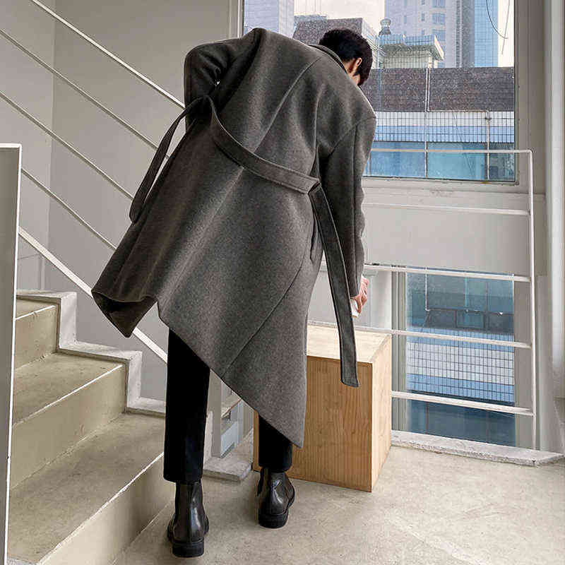 IEFB Korean Winter Woolen Overcoat Men's Long Style Trend Handsome Over Knee Thickening Medium Length Grey Coat With Belt 9Y8465 211122
