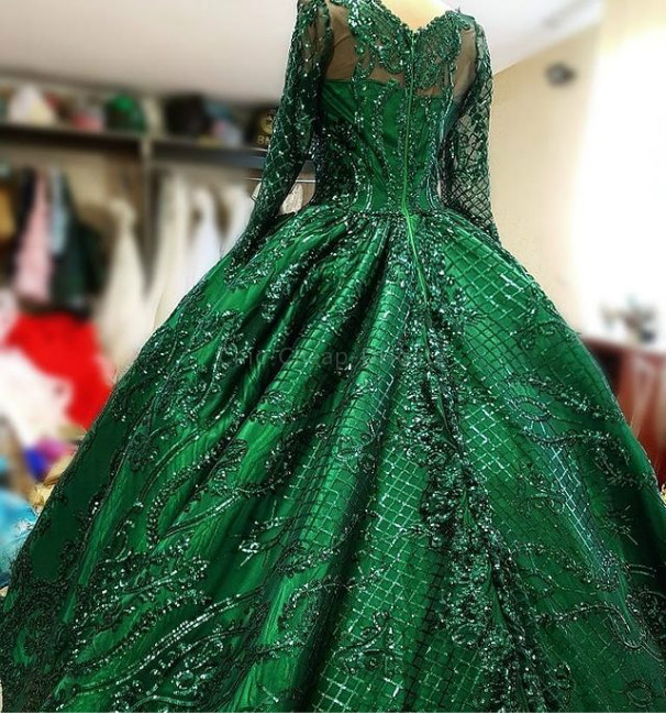 2021 Plus Size Arabic Aso Ebi Luxurious Lace Hunter Green Wedding Gowns Long Sleeves Ball Gown Vintage Sparkly Bridal Dresses ZJ154