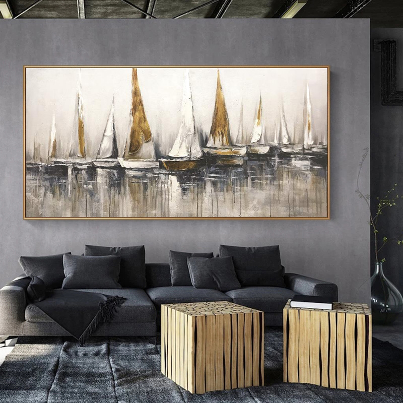 Golden Sailboat Painting Wall Art For Living Room Boat Ship Pictures Canvas Prints Modern Home Decor Oil Painting On Canvas