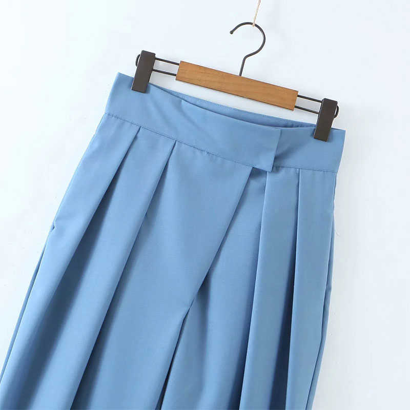 Pant Women Long s with High Wasit Wide Leg Solid Blue England Casual Summer Ankle Length Trousers 04 210628