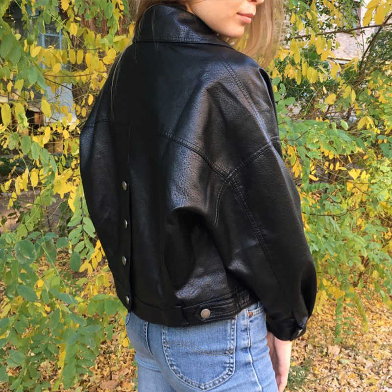 FTLZZ Spring Autumn Green Faux Leather Jackets Casual Women Short Vintage Loose Pu Jackets Female Black Red Leather Coats 210909