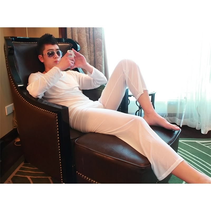 Sexy Men 1 Pajamas Set Wear Pajamas Sleepwear See Through Loose Mesh Sheer Lounge Pants Erotic lingerie FX1041 210812