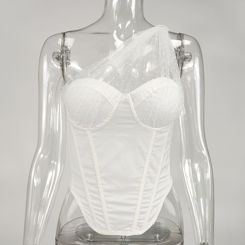 NewAisa Summer Black Crop Tops Women Splice Polka Dot Mesh One Shoulder Sexy Tank Top Push Up Padded Boned Corset White 210308