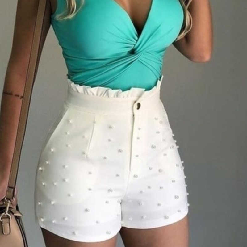 Fashion Solid Color High Waist Button Ruffled Beaded Summer Women Shorts 210714