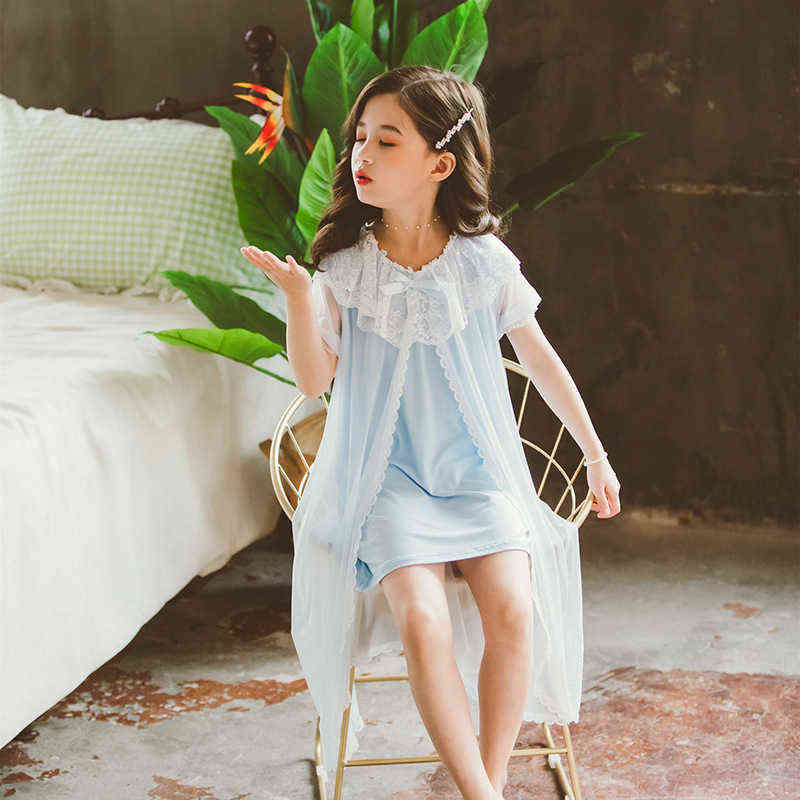 Pajamas For Girls Summer Princess Lace Nightdress Children'S Pyjamas soft Nightgown Home Clothes 4 6 8 10 12 14 Years Old 211105