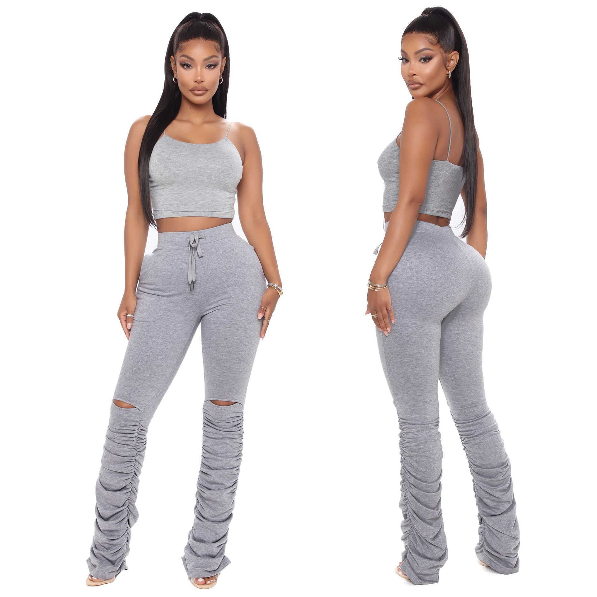 Autumn High Waist Drawstring Sweatpants Womens Stacked Pants Winter Clothes Woman Hole Skinny Casual Plus Size Trouses Mujer 210604