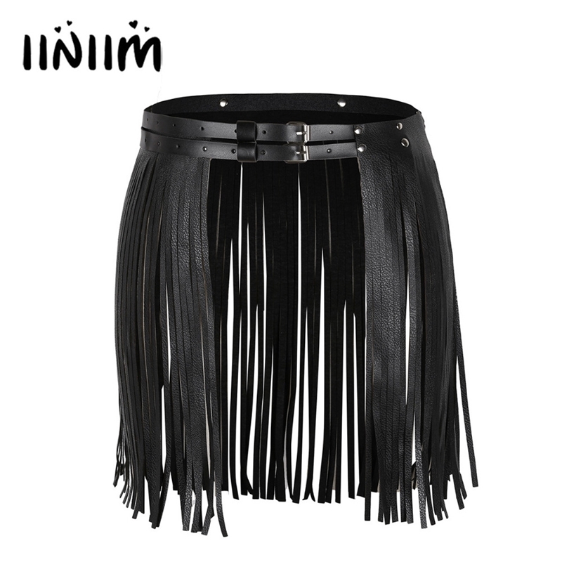 Womens Adult Adjustable Faux Leather Waistband Fringe Tassel Skirt Belt Nightclub Costume Cosplay Parties Skirts for Halloween 210309