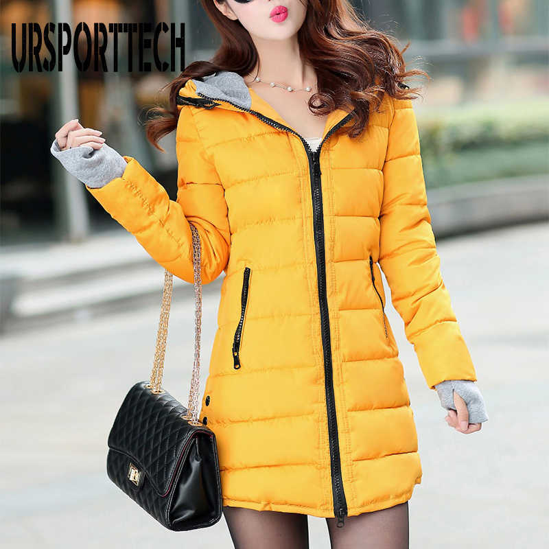 URSPORTTECH Winter Jacket Women Hooded Long Parka Warm Slim Winter Coat Woman Puffer Jacket Oversized Padded Outwear Coat Women 210819