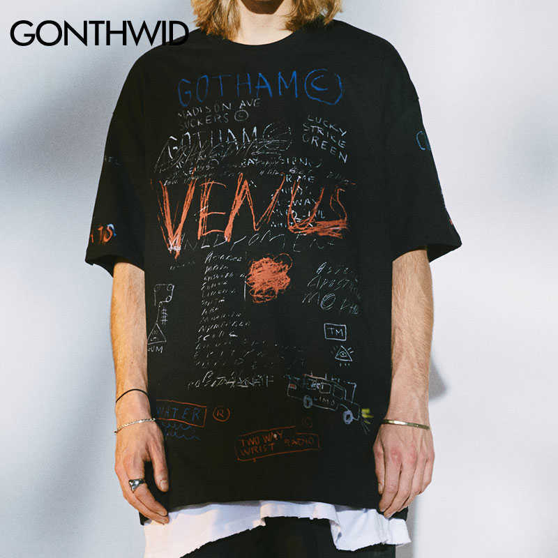 GONTHWID Hip Hop Graffiti Print Short Sleeve T-Shirts Streetwear Harajuku Casual Loose Tees Men Fashion Summer Tshirts Tops 210623