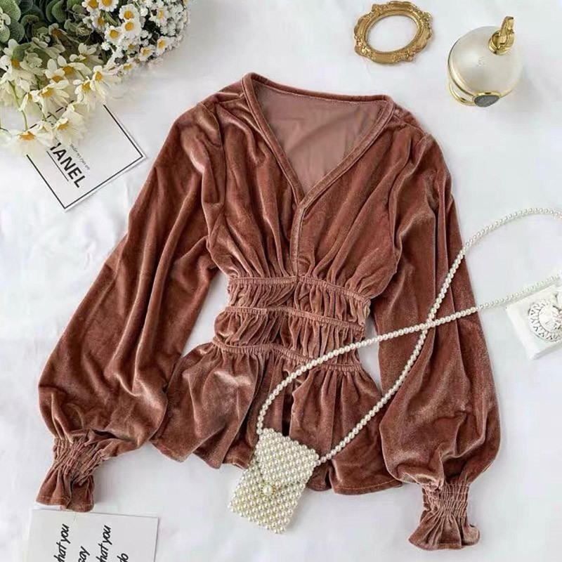 Sexy V-neck Slim Waist Women Tops Fashion Velvet Blouse Spring Long Trumpet Sleeve Ruffle Clubwear Basic Shirts Casual Clothes 210225