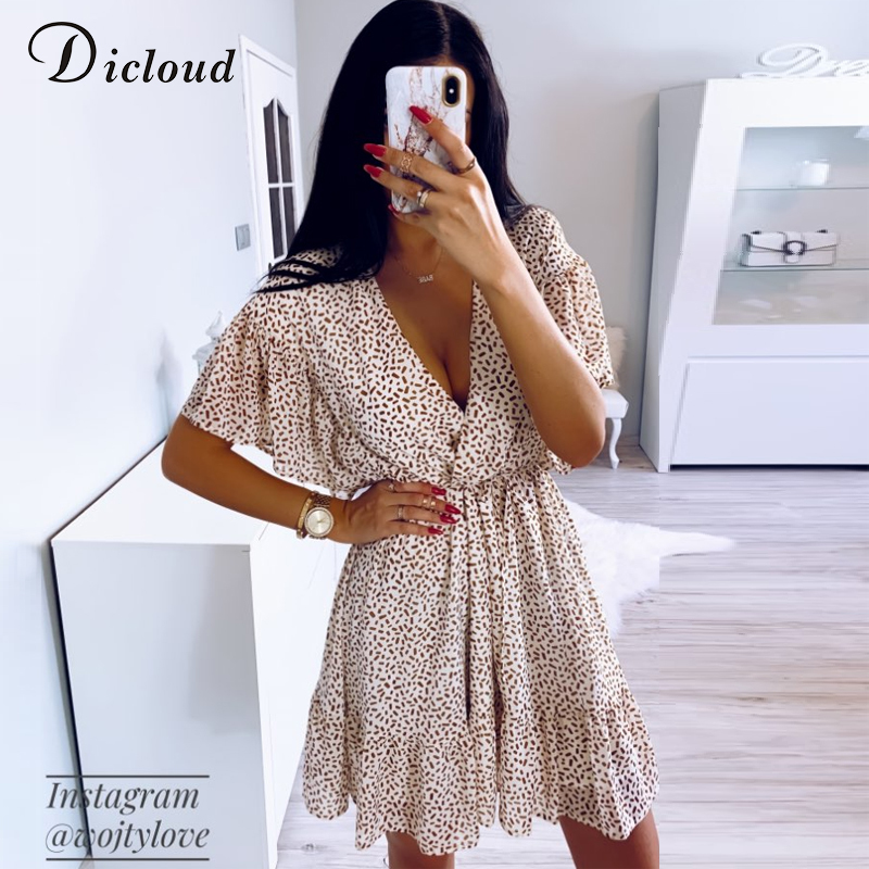 DICLOUD Dot Women Summer Dresses And Sundresses Sexy Plunge V Neck Beach Party Mini Dress Back Button Closure Ruffle Clothes 210303