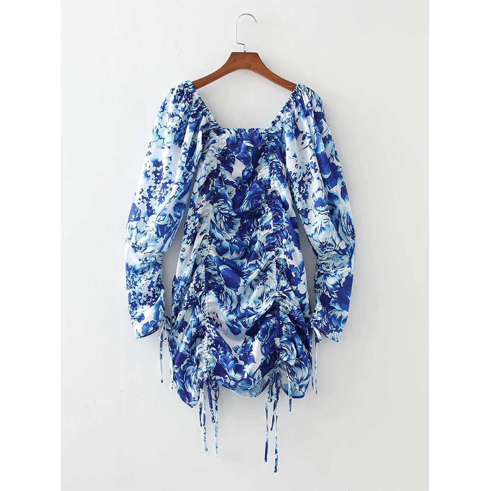 Summer Floral Draped Dress Women Vintage Casual Fashion Chic Lady Short Dress Women 210709