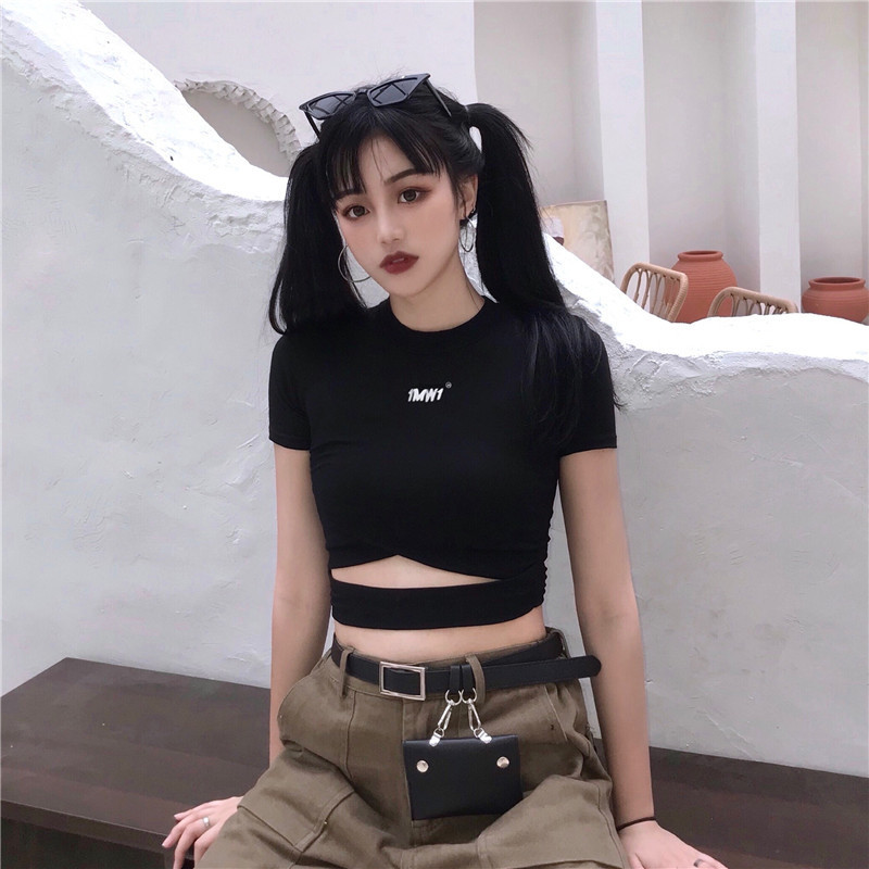 InsGoth Black Tee Women Bodycon Crop Top T-shirts Gothic Streetwear Letter Print Short Sleeve Sexy Female T-shirts Tops T200512