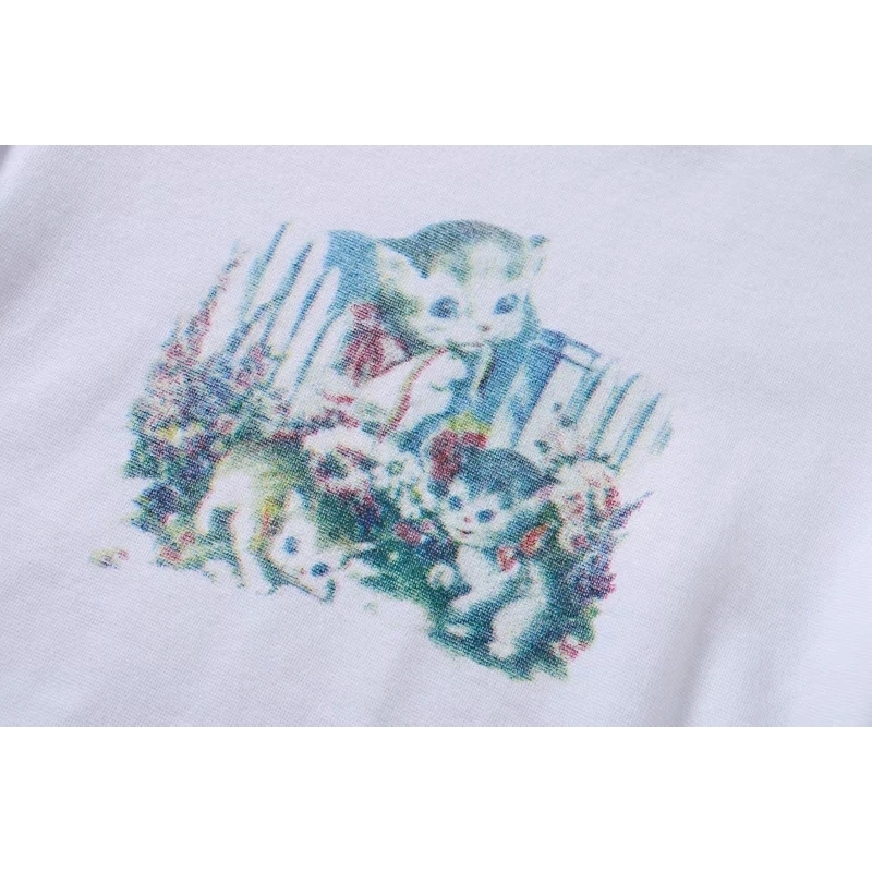 Women Kitten Print Cropped Cotton Tee Short Sleeved Cotton Crop T-shirt 210306