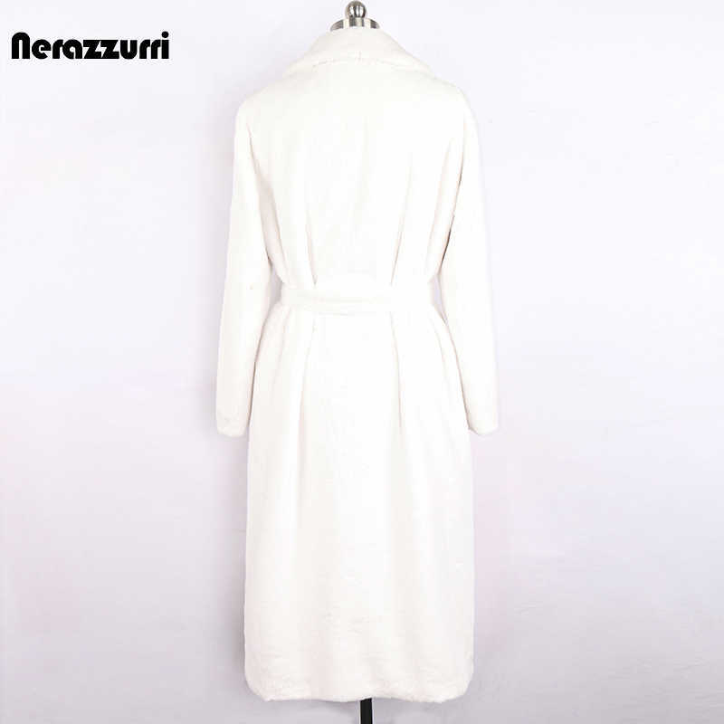 Nerazzurri Winter Long White Black Warm Fluffy Faux Fur Coat Women Long Sleeve Belt Lapel Stylish Korean Fashion without Buttons 210910