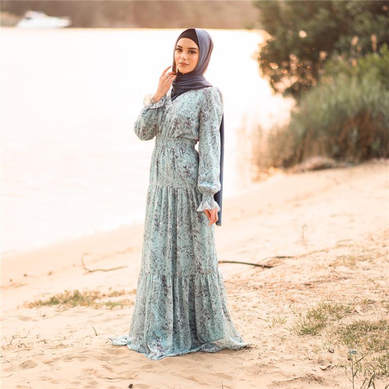 Casual Dresses Summer Women V-Neck Shestyle Stretchy Ruffle Long Sleeve Plush Waistband Elastic Elegant Boho Floral Print Maxi Beach Dress 2