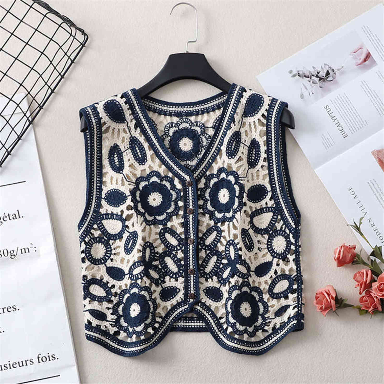 Floral Crochet Knitted Vest Women Summer Autumn Womens Retro Sleeveless Jacket Cardigan Boho Bohemian Embroidery Waistcoat 211120
