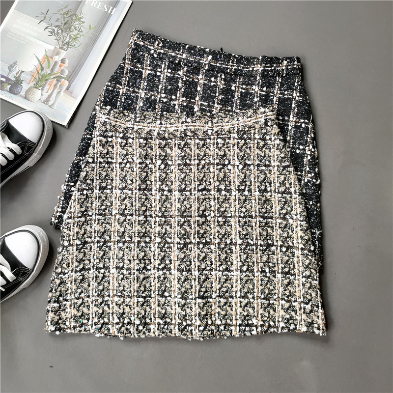 Korean Plaid Skirt Women Sequins Slim Short Skirts Women Autumn High Waist Vintage Aline Woolen Skirt Female With Shorts 210306