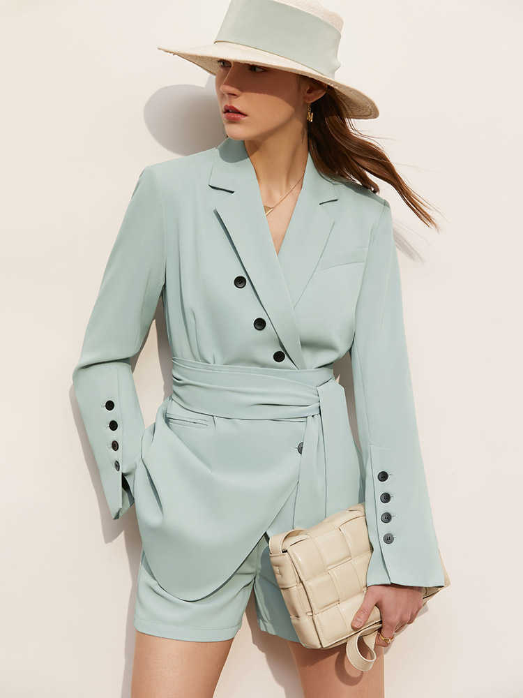Minimalism Spring Summer Women's Suit Coat Fashion Solid Lapel Belt Blazer Women Causal Shorts 12170084 210527