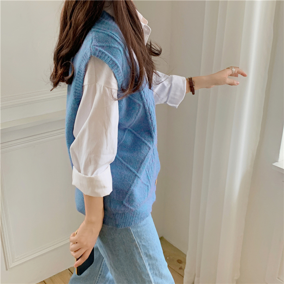 QOERLIN Preppy Single Breasted Knit Vest Spring Autumn Sleeveless Sweater Vest Women Knitted Crop Tops Casual Waistcoat Outwear 210218