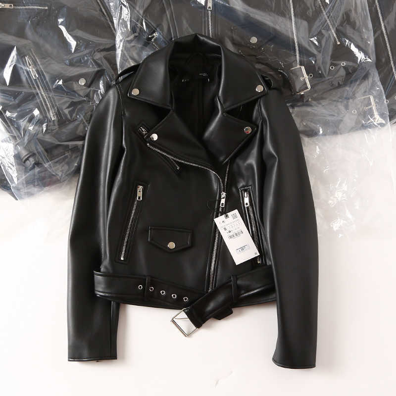 Ailegogo Autumn Women Black Pu Faux Leather Jacket Streetwear Moto Biker Slim Fit Turn Down Collar Coat Outwear with Belt 210909