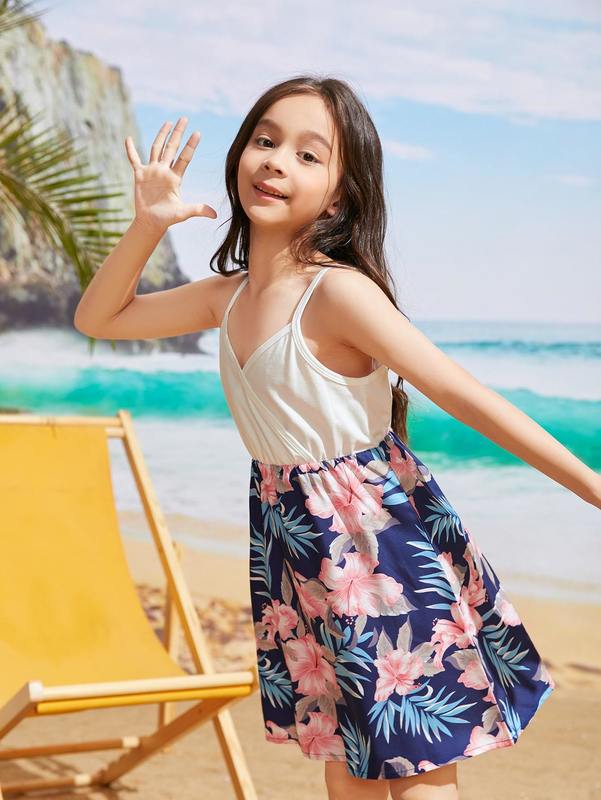 Girls 1pc Tropical Print Overlap Collar Cami Dress SHE