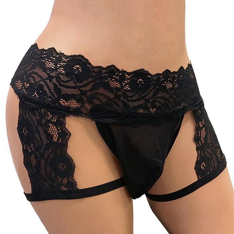 

Underpants Plus Size Sexy Men' Panties Hollow Breathable Lace Lingerie Gay Sissy Erotic Underwear Fashion Intimates G-String Thongs, Black