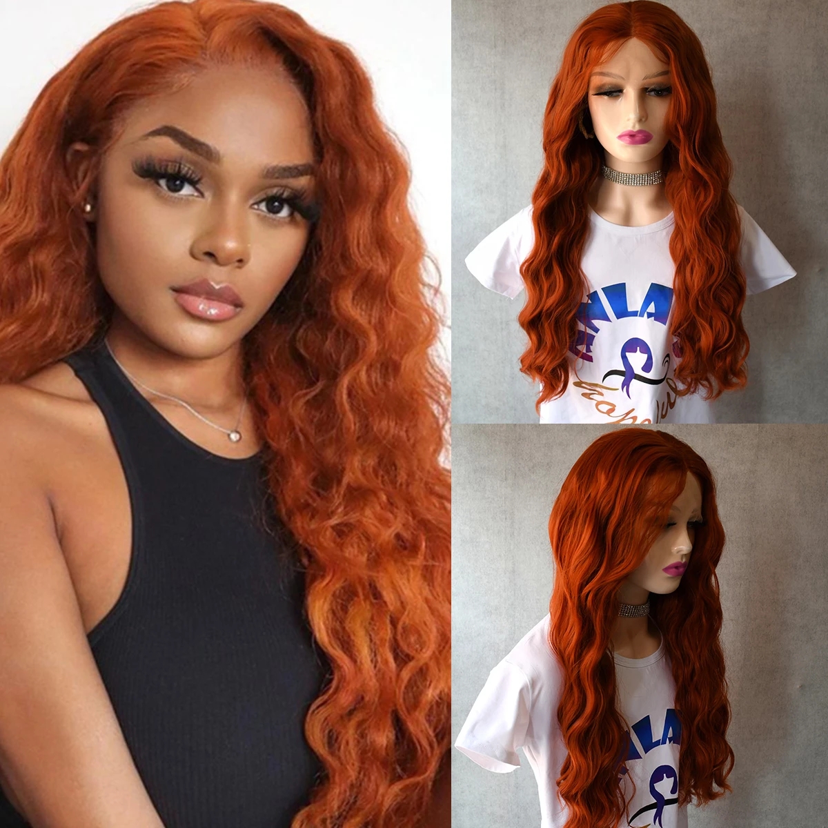 Blue Lace Front Wigs Long Deep Water Wave Burgundy Red /Orange Colored Synthetic Wig Soft Hair Glueless Cosplay