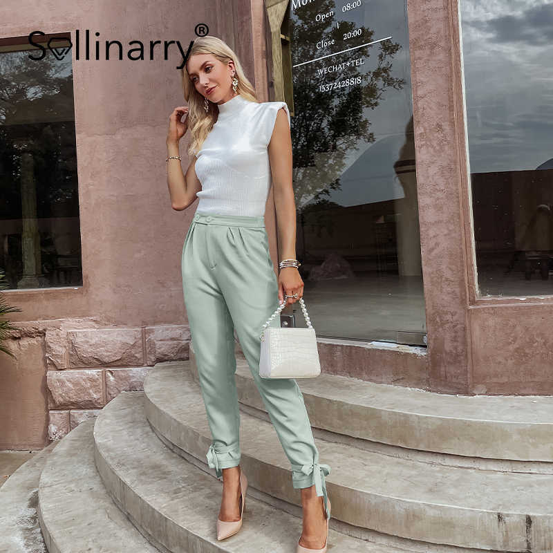 Sollinarry Autumn Casual Long Skinny Women Pants Bow Mid Waist Pocket Female Pants Straight Solid Green Pleated Ladies Bottoms 210709