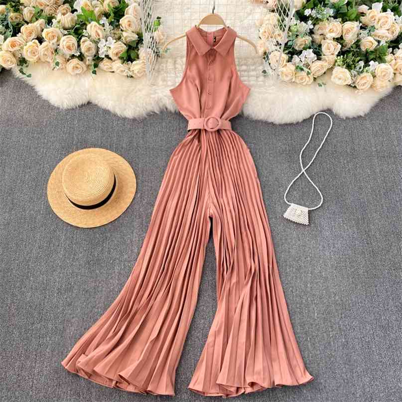 Women's Fashion Feminine Slim Single Breasted Pleated Wide Leg Jumpsuits Sleeveless Solid Color Overalls Q548 210527