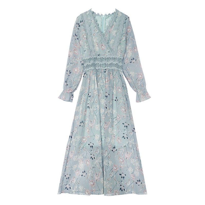 2021 Women V-neck Elegant Lace Print Dress Lady Long Sleeve Floral Dress Female High Waist French Retro Vestidos, Black;gray