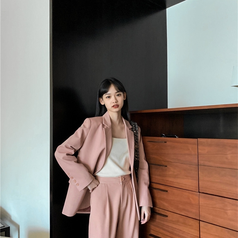 Casual Trousers Women Suit Long Blazer Jacket FemininoButton Wide Leg Pant Spring Work Oversize Blazer Pant Suit 2 Piece T200817