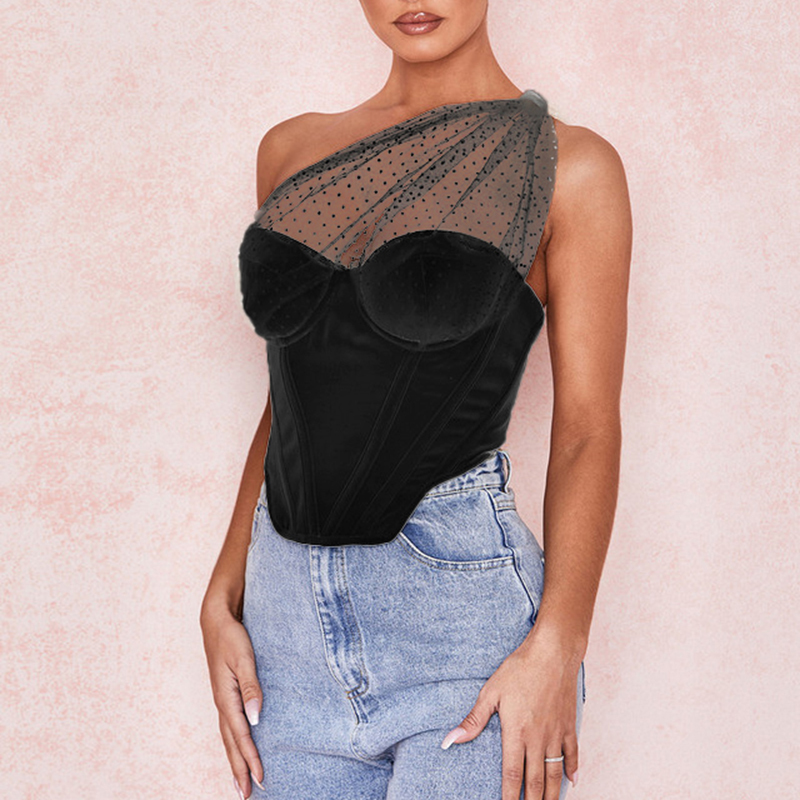NewAisa Summer Black Crop Tops Women Splice Polka Dot Mesh One Shoulder Sexy Tank Top Push Up Padded Boned Corset White 210308