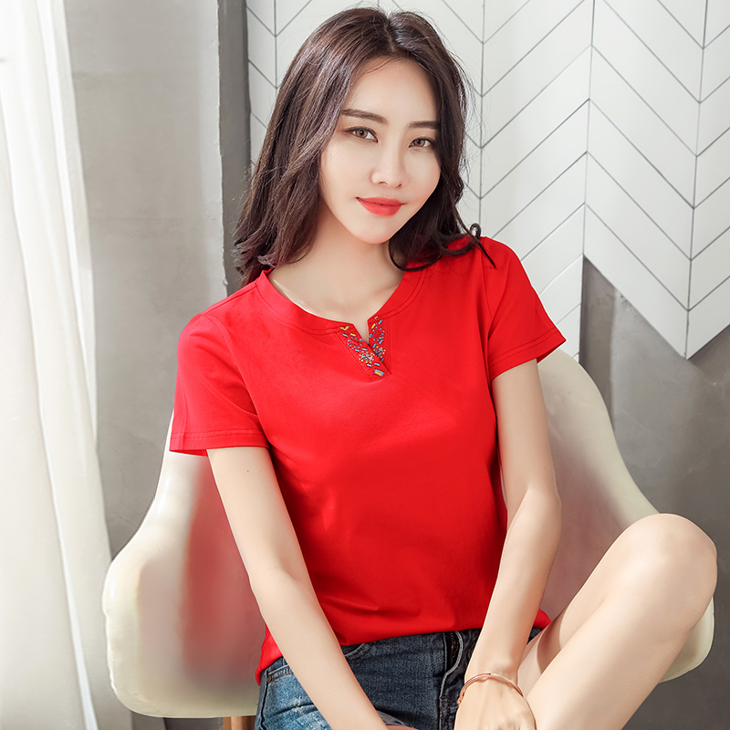 Fashion V-neck Tees Summer Slim Women Tops Embroidery T-shirt Women Casual Solid Short Sleeve Tshirt lady Camiseta Mujer 210306