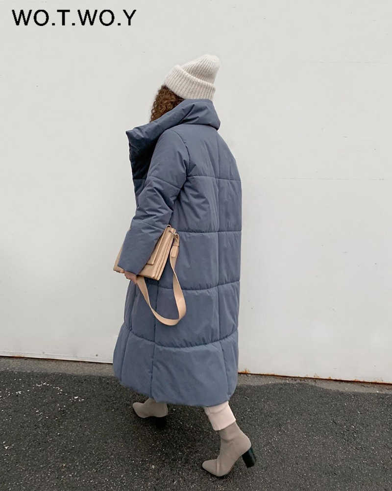 WOTWOY Winter Thickening X-Long Parkas Women Wide-Waisted Loose Cotton Padded Jackets Female Green Grey Sashes Warm Windbreaker 210923