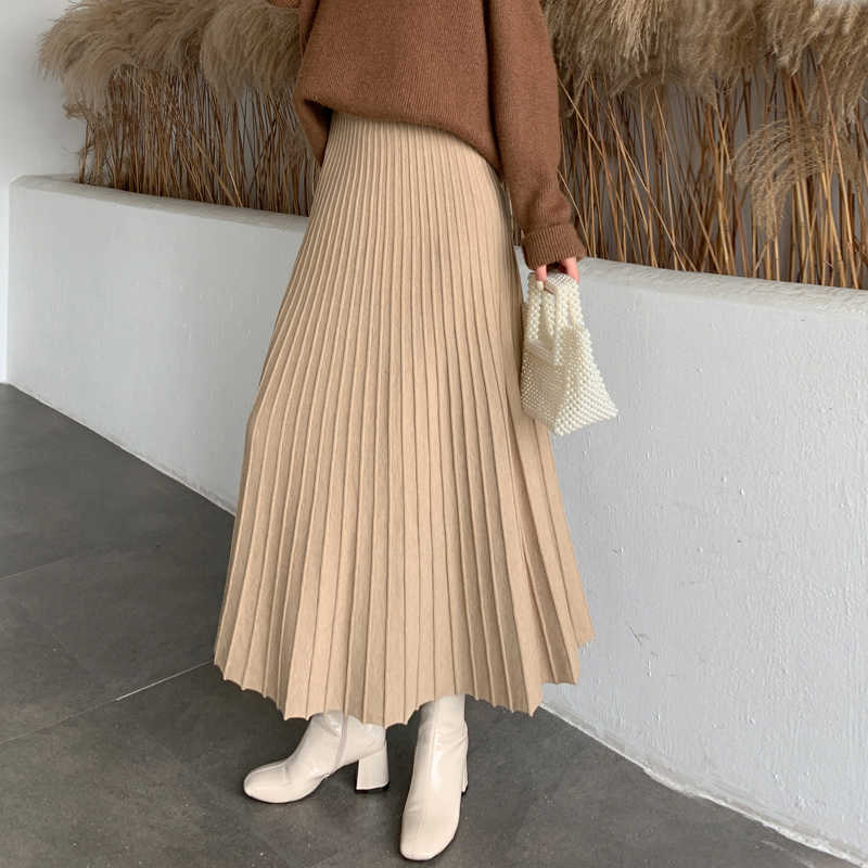 Winter Thickened Rib Knitted Large Swing Maxi Long Skirts Elegant Solid A-line Pleated Ankle Length Knit Coffree Beige 210621