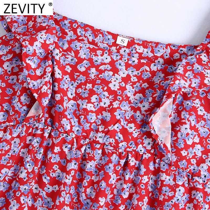Zevity Women Sweet Red Floral Print Ruffles Sling Midi Dress Female Side Zipper Boho Vestido Chic Casual Summer Dresses DS8317 210603