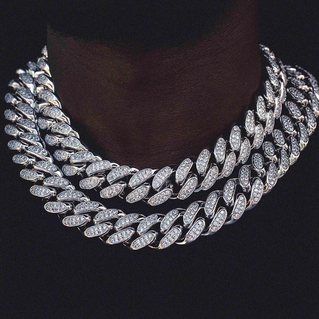 new gold Silver color 18mm big classic cuban link chain necklace Iced out bling 2 raw cz cuban link chain for men hiphop jewelry