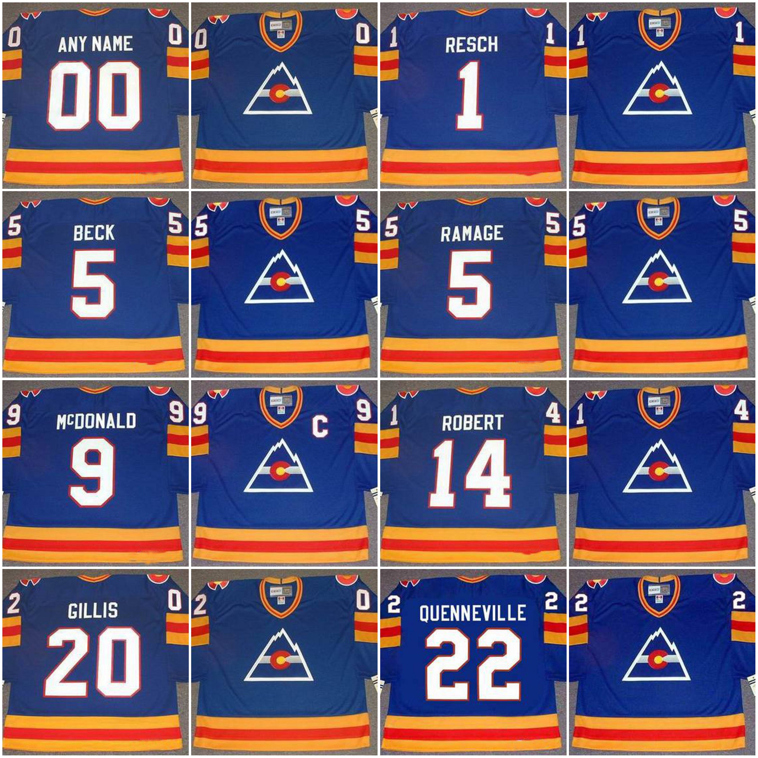 Colorado Rockies Custom 00 1970's Hockey Jersey 1 GLENN RESCH 1980 5 BARRY BECK 1978 ROB RAMAGE MCDONALD 9 WILF PAIEMENT 1977 GILLIS 19, Blue;black
Colorado Rockies Custom 00 1970's Hockey Jersey 1 GLENN RESCH 1980 5 BARRY BECK 1978 ROB RAMAGE MCDONALD 9 WILF PAIEMENT 1977 GILLIS 19, Blue;black