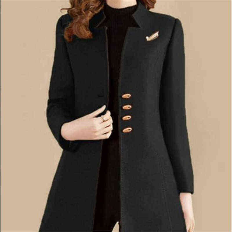 autumn and winter women's suit collar single-breasted loose fashion windbreaker woolen coat mid-length Polyester Full 211130